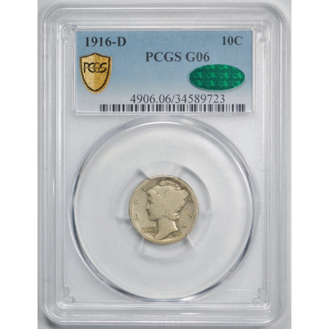 1916 D 10C Mercury Dime PCGS G 6 Good to Very Good CAC Approved Key Date