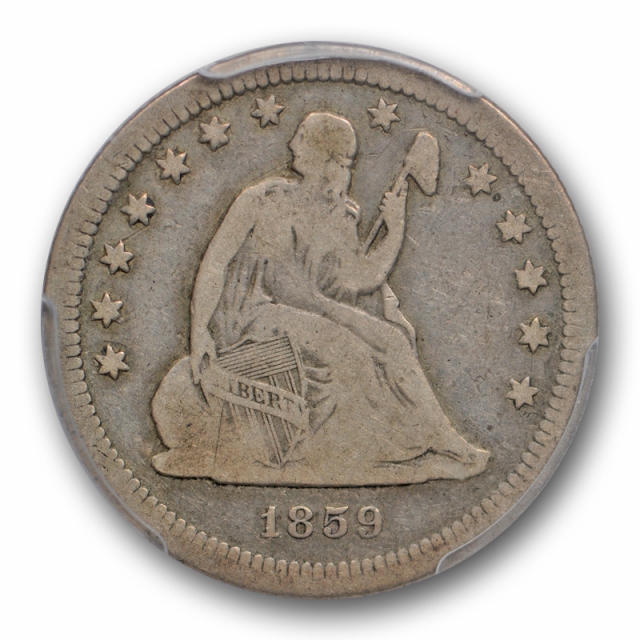 1859 S 25C Seated Liberty Quarter PCGS F 12 San Francisco Mint Tough Date !
