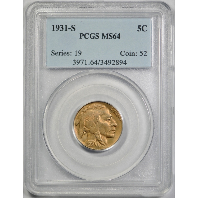 1931 S 5C Buffalo Nickel PCGS MS 64 Uncirculated Reverse Colorful Toned Beauty !