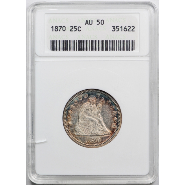 1870 25C Seated Liberty Quarter ANACS AU 50 About Uncirculated Toned Beauty !