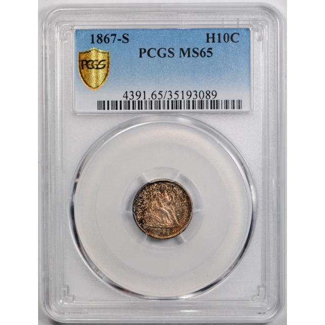 1867 S H10C Seated Liberty Half Dime PCGS MS 65 Toned Beauty Pop 5 ! 