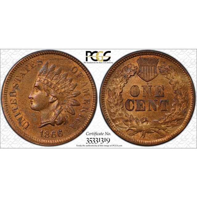 1866 1C Indian Head Cent PCGS MS 63 RB Uncirculated Red Brown Sharp ! 