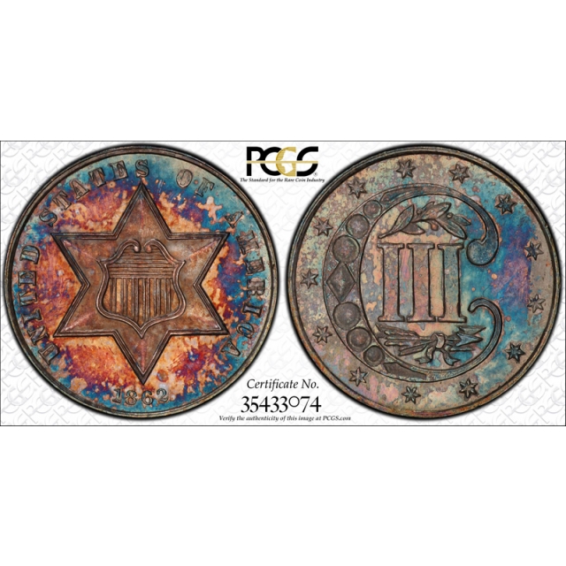 1862 3CS Three Cent Silver PCGS MS 65 Uncirculated Beautifully Toned 