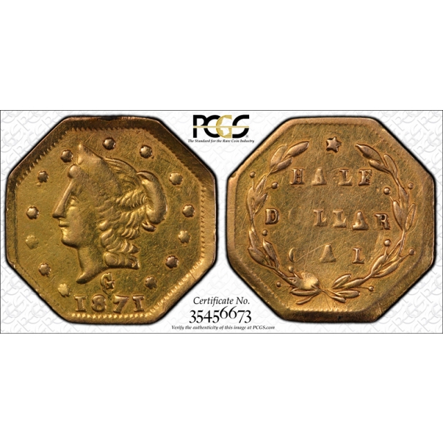 1871 50C BG-924 California Fractional Gold PCGS AU 55 About Uncirculated 