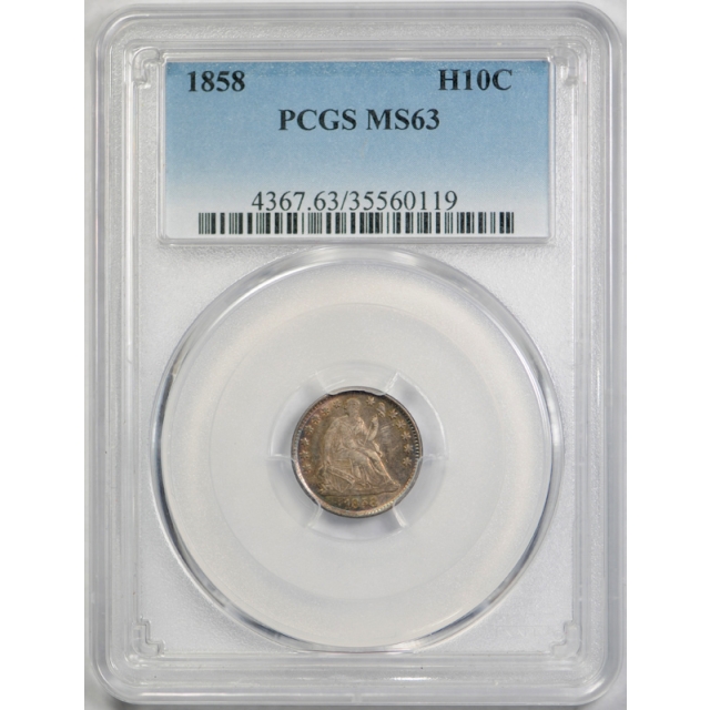 1858 H10C Seated Liberty Half Dime PCGS MS 63 Uncirculated Colorful Toned ! 
