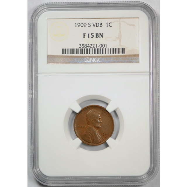 1909 S VDB 1c Lincoln Wheat Cent NGC F 15 Fine to Very Fine Key Date 