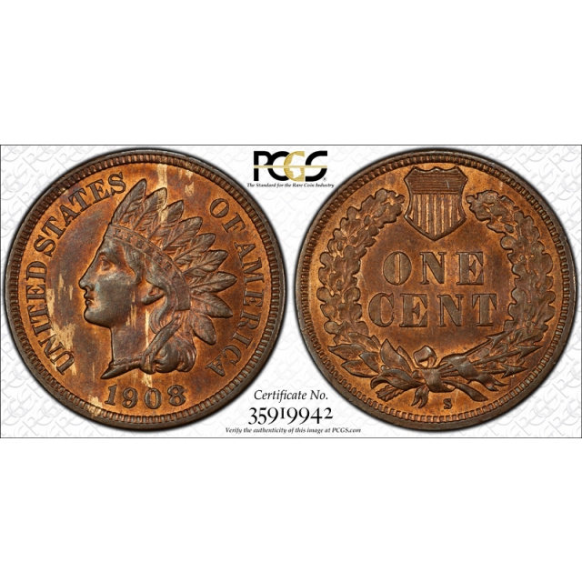 1908 S 1C Indian Head Cent PCGS MS 63 RB Uncirculated Red Brown CAC Approved