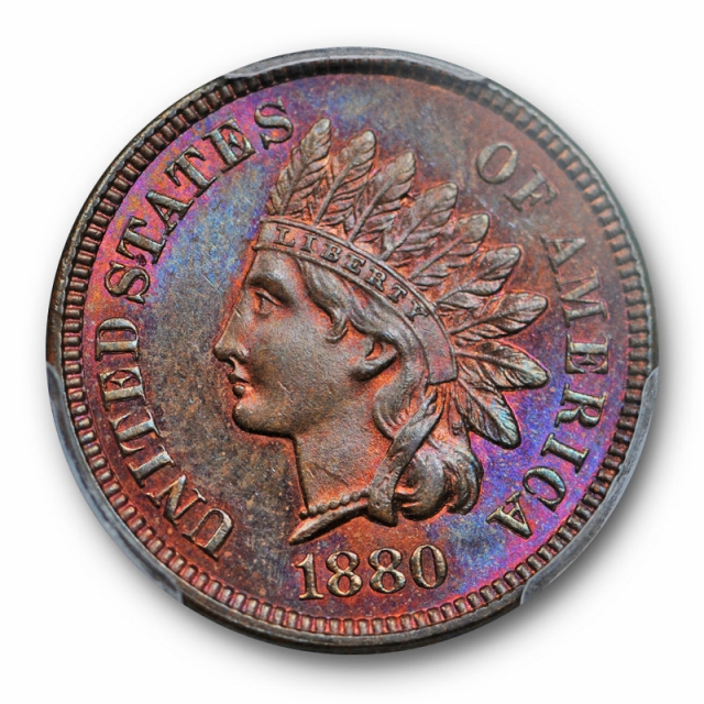 1880 1C Indian Head Cent PCGS MS 64 BN CAC Approved Purple Toned Beauty !