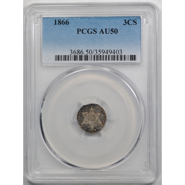 1866 3CS Three Cent Silver PCGS AU 50 About Uncirculated Key Date 