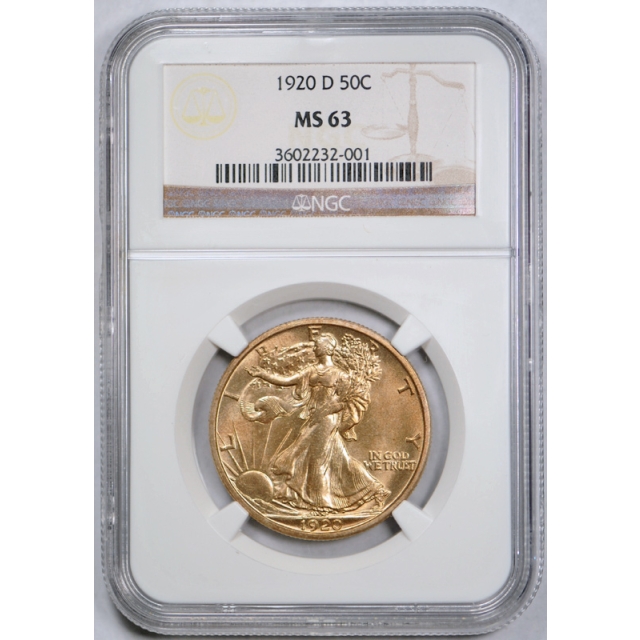 1920 D 50c Walking Liberty Half Dollar NGC MS 63 Uncirculated Golden Toned ! 