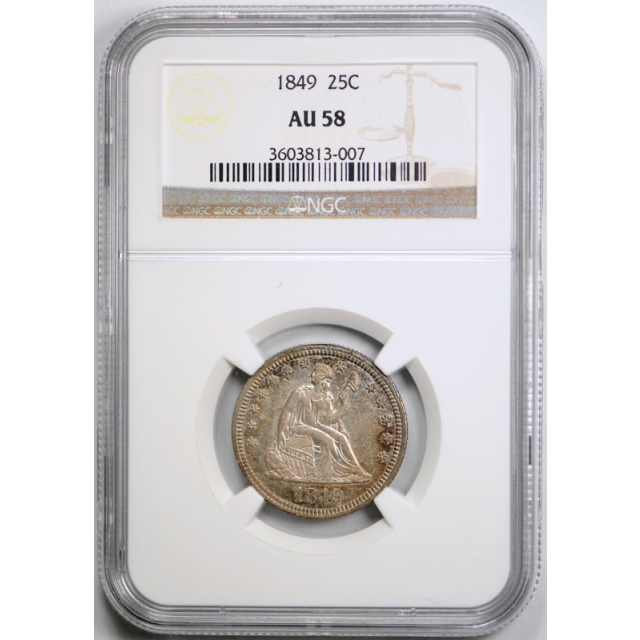 1849 25c Seated Liberty Quarter NGC AU 58 About Uncirculated Toned Original Coin