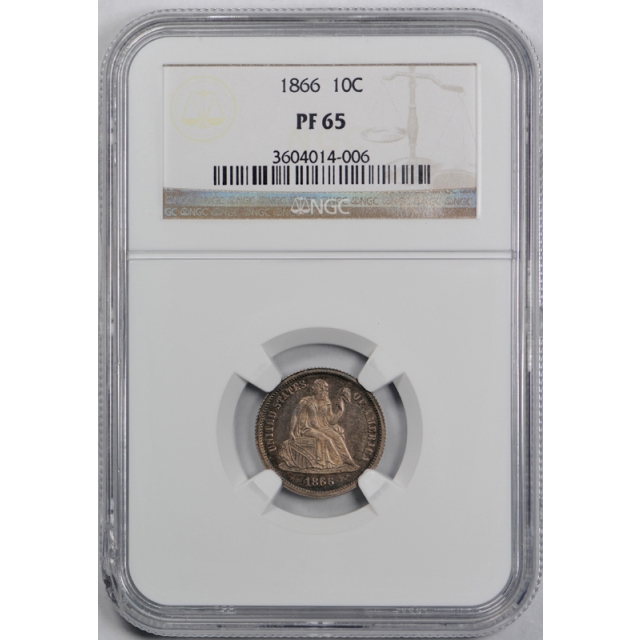 1866 10c Seated Liberty Dime NGC PR 65 Proof Key Date Toned Low Mintage Cert#4006