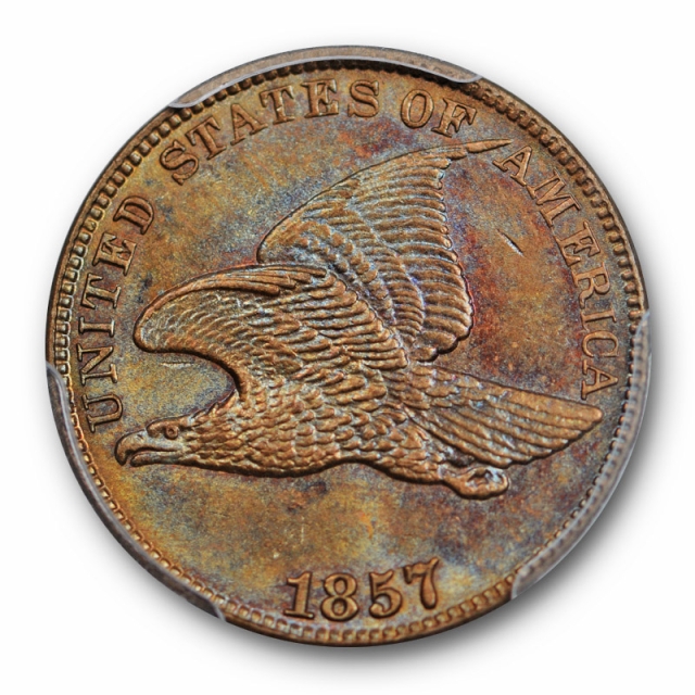 1857 1C Flying Eagle Cent PCGS MS 63 CAC Approved Spectacular Toned Beauty