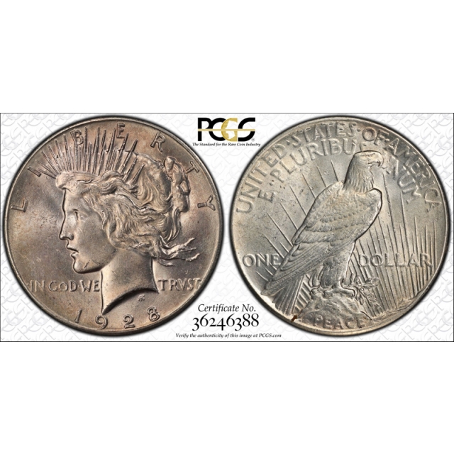 1928 $1 Peace Dollar PCGS MS 62 Uncirculated Key Date Lightly Toned Cert#6388