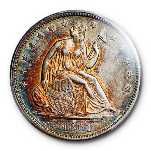 1861 50C Seated Liberty Half Dollar PCGS AU 53 About Uncirculated Colorful Toned Beauty