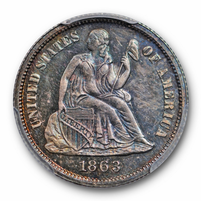 1863 10C Seated Liberty Dime PCGS PR 63 Proof Civil War Date Blue / Purple Toned