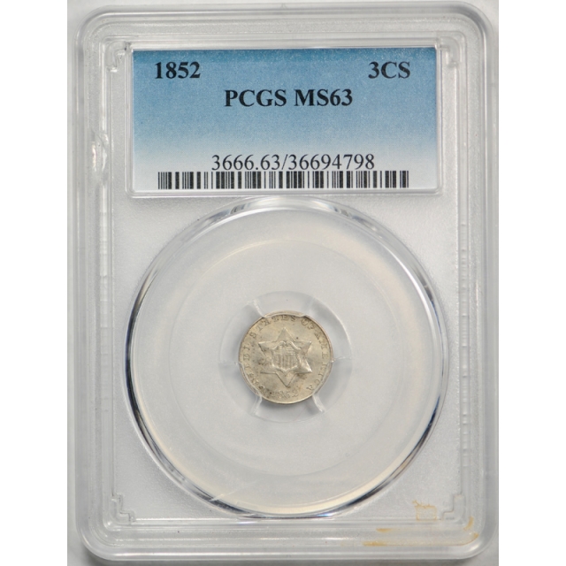 1852 3CS Three Cent Silver PCGS MS 63 Uncirculated US Type Coin Original ! 