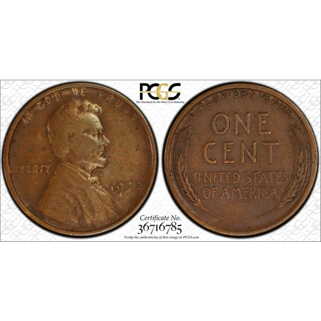 1922 No D 1C Strong Reverse Lincoln Wheat Cent PCGS VF 30 Very Fine  to Extra Cert#6785