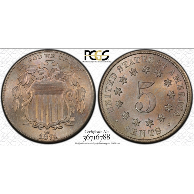 1874 5C Shield Nickel PCGS MS 65 Uncirculated CAC Approved Toned Beauty