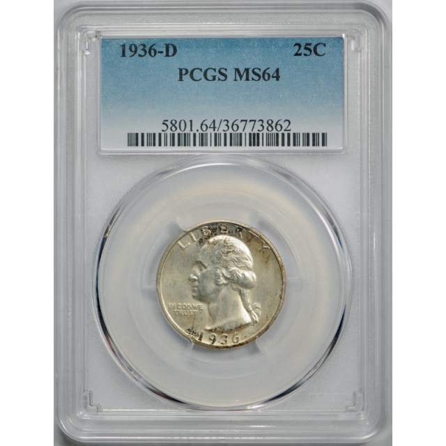 1936 D 25C Washington Quarter PCGS MS 64 Uncirculated Denver Mint Tough ! 