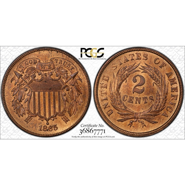 1865 2C Two Cent Piece PCGS MS 65 RB Uncirculated Red Brown Fancy 5 Mostly Red ! 