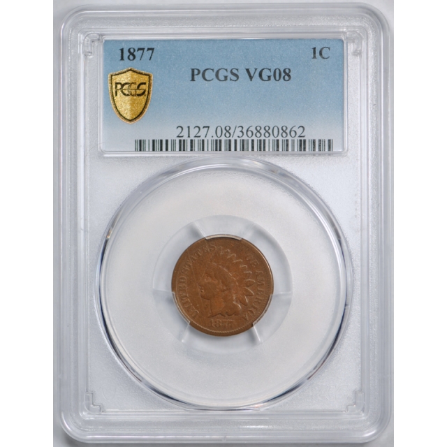 1877 1C Indian Head Cent PCGS VG 8 Very Good Full Rims Key Date Tough Coin !
