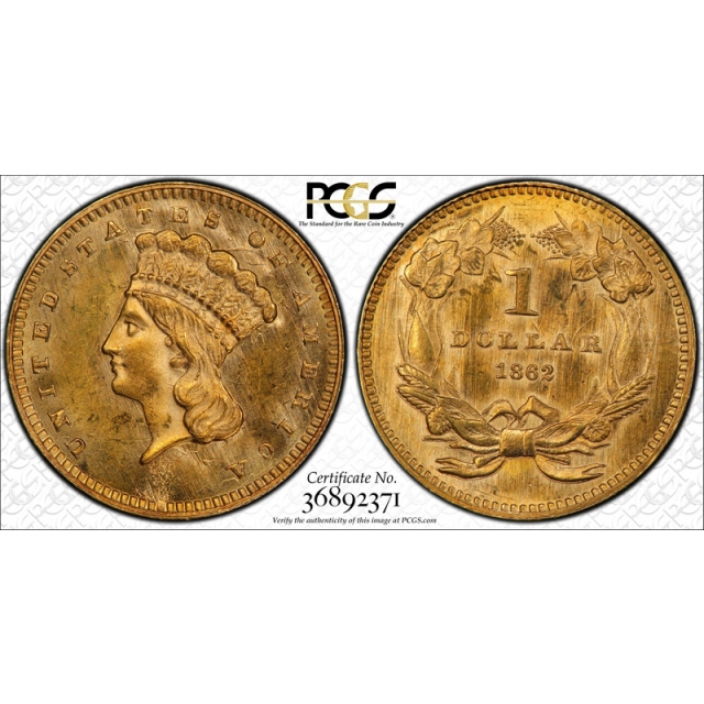 1862 G$1 Gold Dollar PCGS MS 64 Uncirculated Gold Princess Indian Head Nice !