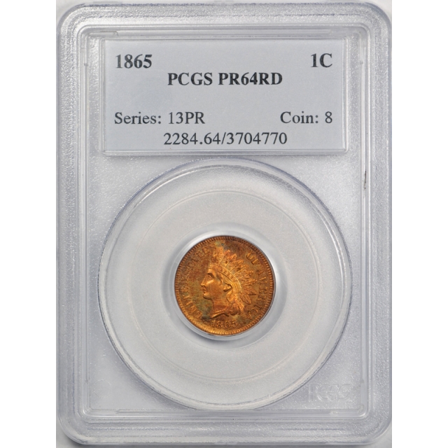 1865 1C Proof Indian Head Cent PCGS PR 64 RD PF Full Red Tough Date Pretty ! 