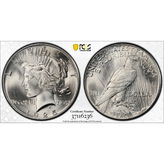 1925 $1 Peace Dollar PCGS MS 66 Uncirculated CAC Approved Blast White ! 