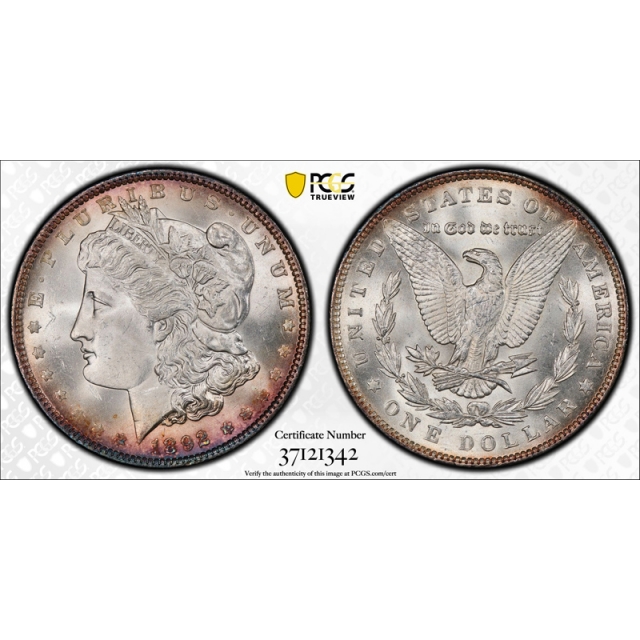 1892 $1 Morgan Dollar PCGS MS 64 Uncirculated Philadelphia Mint Toned Cert#1342