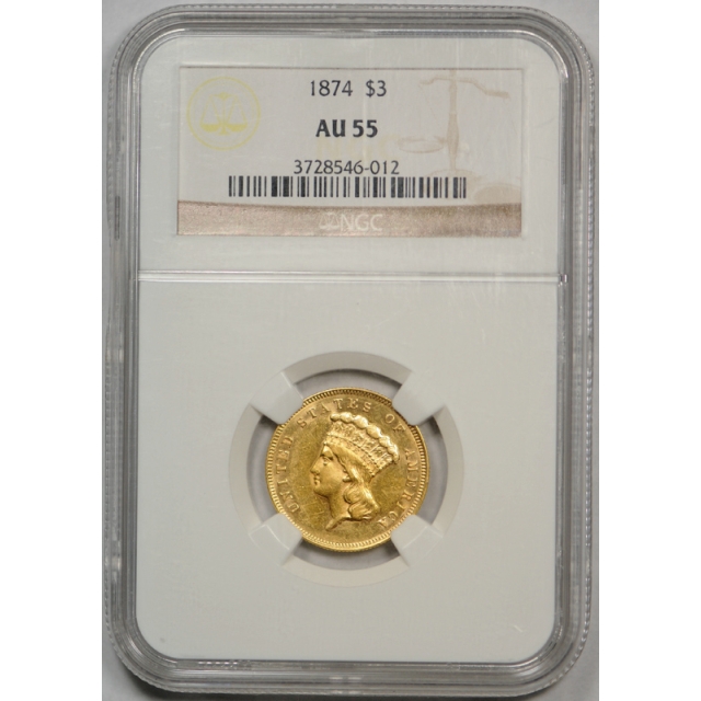 1874 $3 Three Dollar Gold Princess Head NGC AU 55 About Uncirculated Cert#6012