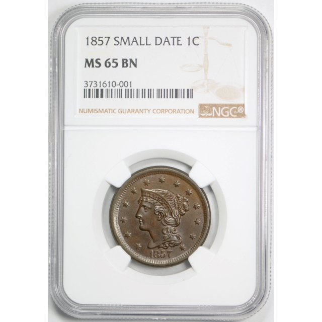 1857 Braided Hair Large Cent NGC MS 65 BN Uncirculated Small Date Exceptional Coin