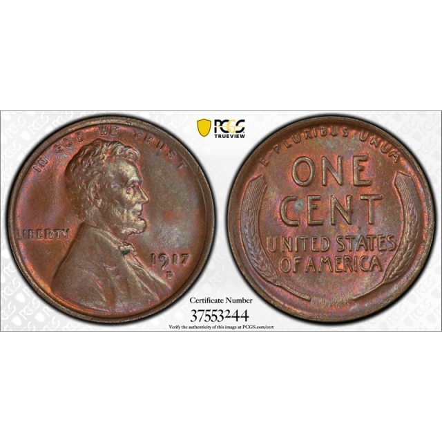1917 D 1C Lincoln Wheat Cent PCGS MS 63 BN Uncirculated Brown Secure  