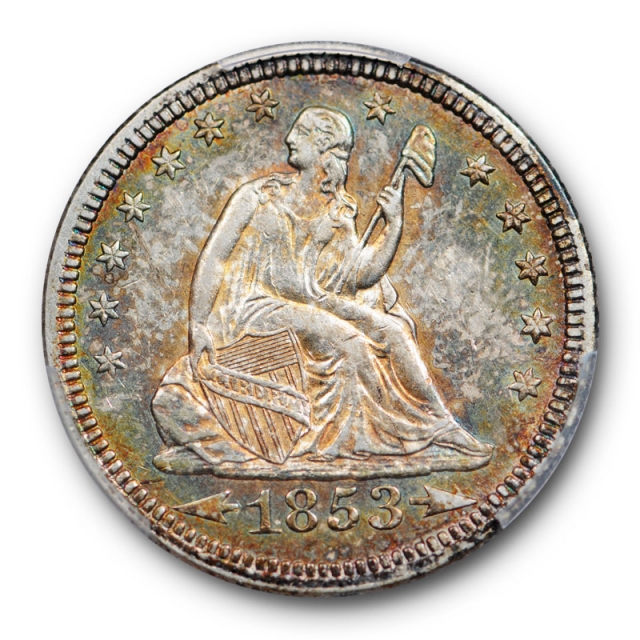 1853 25C Seated Liberty Quarter PCGS AU 55 About Uncirculated Rainbow Toned