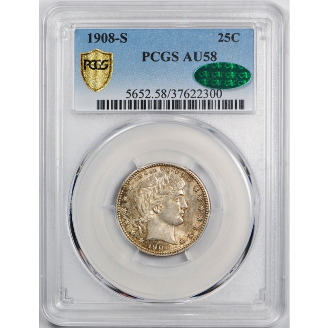 1908 S 25C Barber Quarter PCGS AU 58 Registry Set Coin CAC Approved Original 