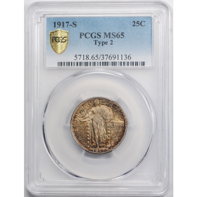1917 S 25C Type 2 Standing Liberty Quarter PCGS MS 65 Uncirculated Toned Beauty !