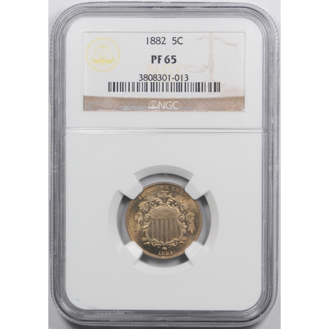 1882 5c Proof Shield Nickel NGC PF 65 PR Golden Golden Toned Beauty Cert#1013