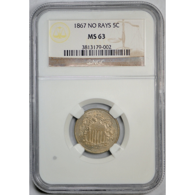 1867 No Rays 5c Shield Nickel NGC MS 63 Uncirculated Mint State US Type Coin