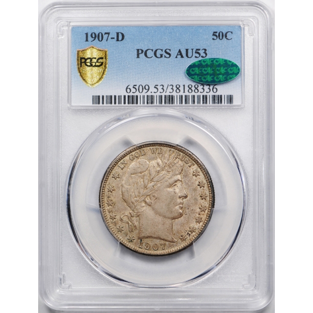 1907 D 50C Barber Half Dollar PCGS AU 53 About Uncirculated CAC Approved