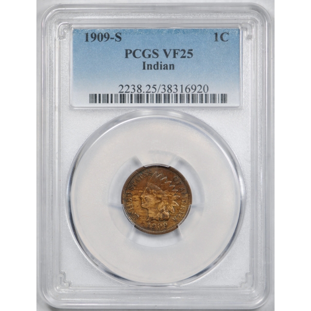 1909 S 1C Indian Head Cent PCGS VF 25 Very Fine to Extra Fine Key Date Woodgrain Toned !