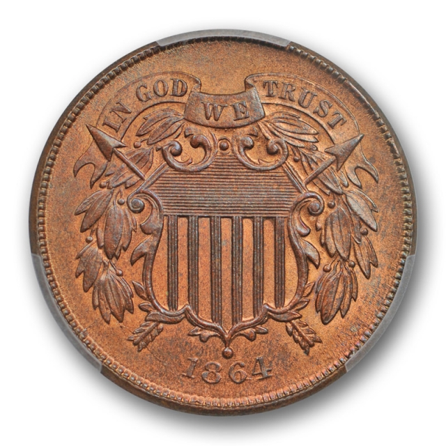 1864 2C Large Motto Two Cent Piece PCGS MS 65 RB Uncirculated Red Brown 