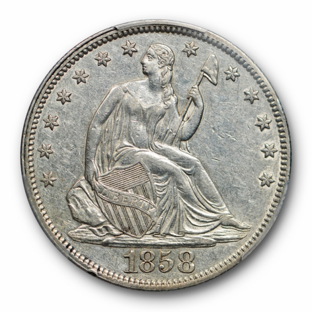 1858 50C Seated Liberty Half Dollar PCGS AU 50 About Uncirculated Sharp