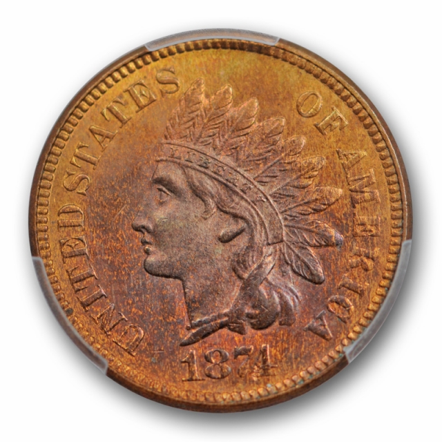 1874 1C Indian Head Cent PCGS MS 64 RB Uncirculated Attractively Toned 