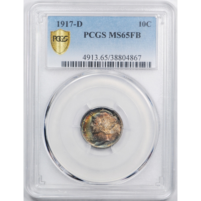 1917 D 10C Mercury Dime PCGS MS 65 FB Uncirculated Full Bands Toned Beauty ! 