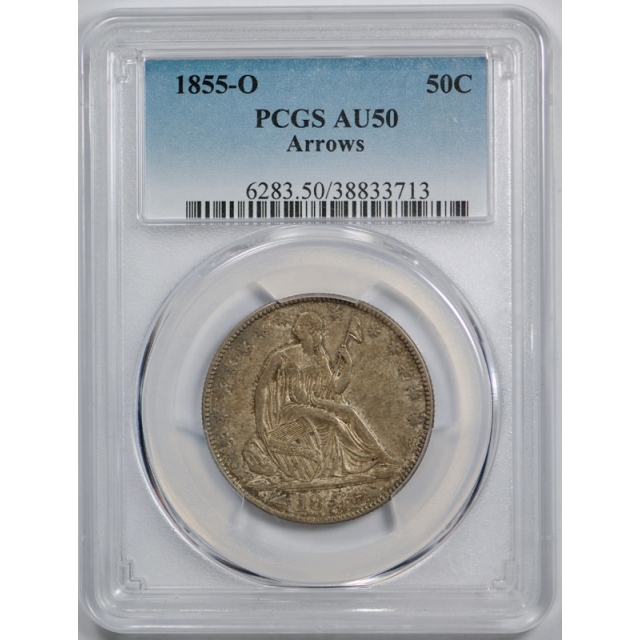 1855 O 50C Arrows Seated Liberty Half Dollar PCGS AU 50 About Uncirculated Toned