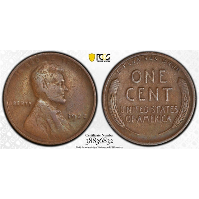 1922 No D 1C Strong Reverse Lincoln Wheat Cent PCGS VF 25 Very Fine to XF 