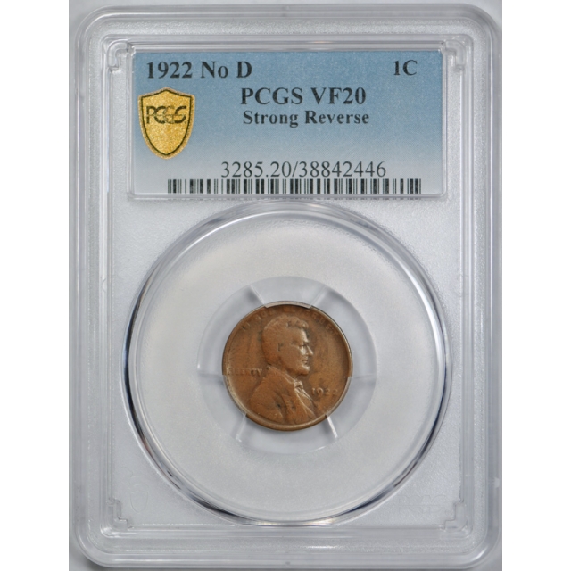 1922 No D 1C Strong Reverse Lincoln Wheat Cent PCGS VF 20 Very Fine Key ! 