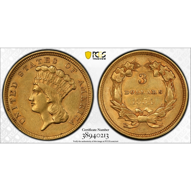 1854 $3 Three Dollar Gold Piece Princess Head  PCGS AU 53 About Uncirculated