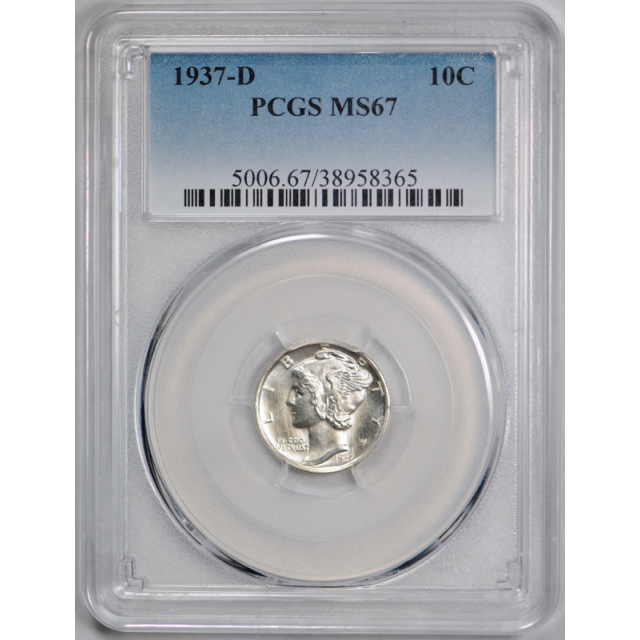 1937 D 10C Mercury Dime PCGS MS 67 Uncirculated Obverse is Proof Like! Stunning !