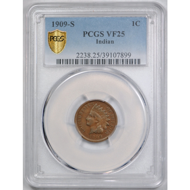 1909 S 1C Indian Head Cent PCGS VF 25 Very Fine to Extra Fine Key Date San Francisco 